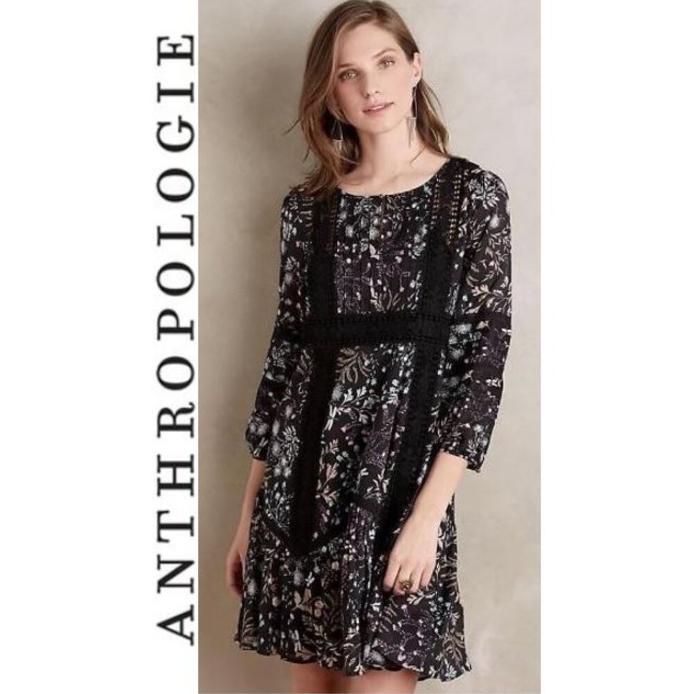 ANTHROPOLOGIE -  Moulinette Soeurs, Black floral dress with delicate embroidery